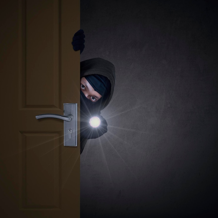 Photo portrait d'un voleur se cachant derrière la porte contre le mur