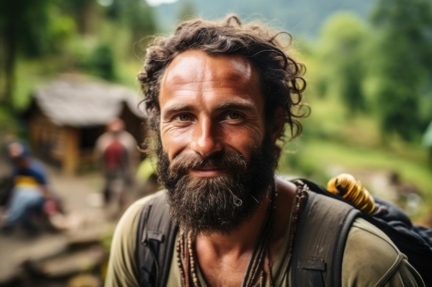 Portrait d'un voyageur barbu joyeux avec un sac à dos sur le fond de la nature Guinée