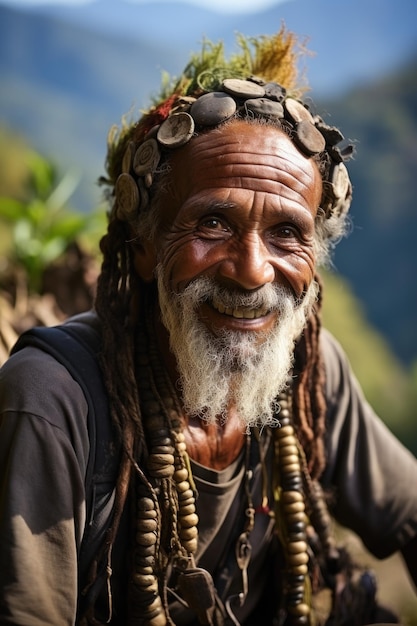 Photo portrait d'un voyageur joyeux sur le fond de la nature