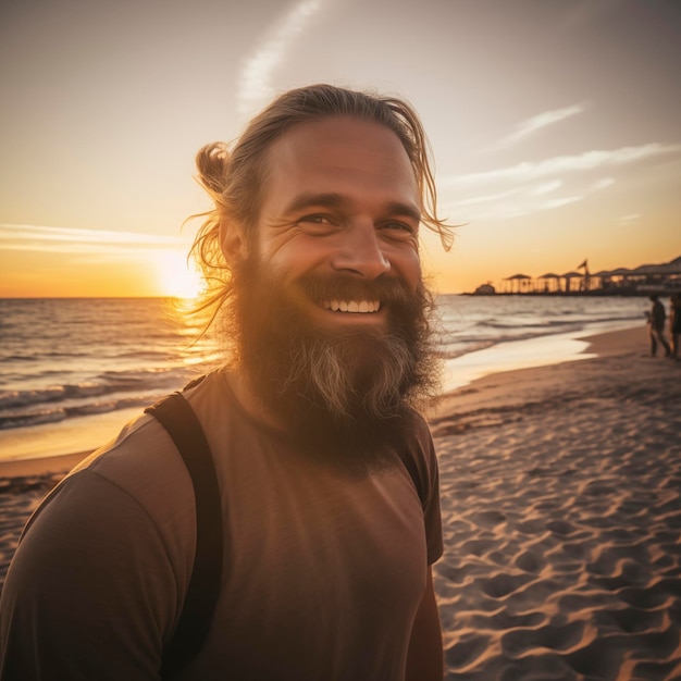 Portrait d'un voyageur marchant avec un sac à dos sur le rivage avec l'océan et le coucher du soleil en arrière-plan Des hommes heureux sourient et profitent de la nature Mer en plein air Activité de loisirs sur la destination de voyage seul