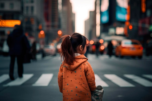 Portrait de vue arrière généré par IA d'une petite fille asiatique authentique candide sur fond de rue urbaine