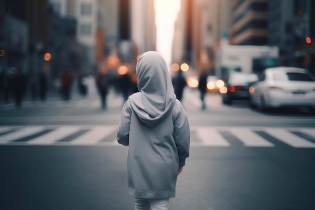 Portrait de vue arrière généré par l'IA d'une petite fille musulmane authentique candide sur fond de rue urbaine