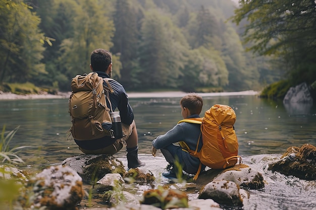 Portrait et vue arrière d'un père et d'un fils campant près d'une rivière avec un grand espace pour le texte ou le fond du produit IA générative