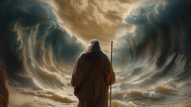 Portrait de la vue biblique de Moïse divisant la mer avec son bâton une représentation de la puissance divine et de la libération avec de hauts murs d'eau se séparant pour révéler un chemin du destin