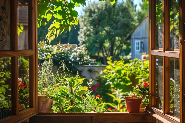 Portrait de vue sur le jardin d'été à travers une fenêtre en bois ouverte avec un grand espace pour le texte ou la toile de fond du produit IA générative