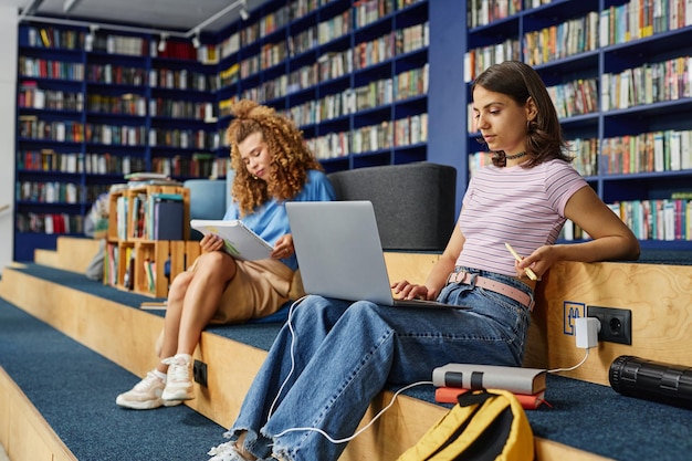 Portrait de vue latérale d'une adolescente moderne utilisant un ordinateur portable dans la bibliothèque de l'école et étudiant l'espace de copie