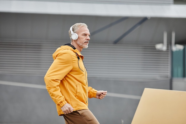 Portrait de vue latérale d'un bel homme mûr courant à l'extérieur avec un casque dans un cadre de ville urbaine flic