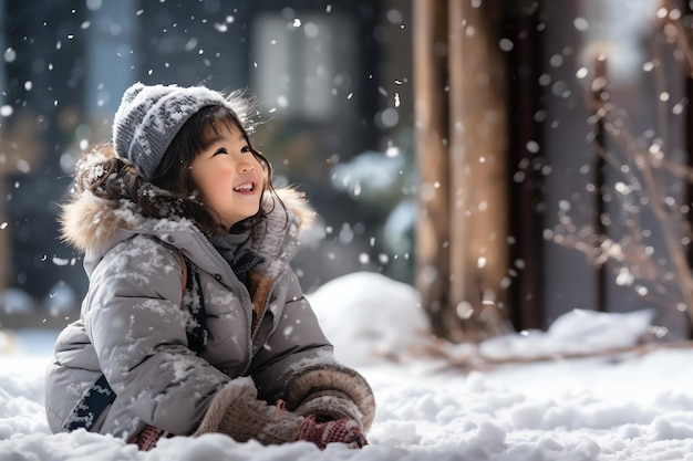 Photo portrait de vue latérale hyper réaliste d'une adorable fille asiatique de 6 ans assise sur le sol