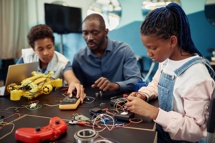 Photo portrait de vue latérale d'une jeune fille noire construisant des robots avec un enseignant en arrière-plan pendant le moteur