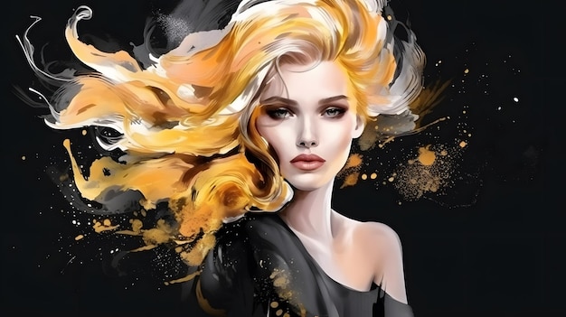 Portrait young blonde woman waving hair golden splash peinture aquarelle bannière pour coiffure beauté Generative Ai