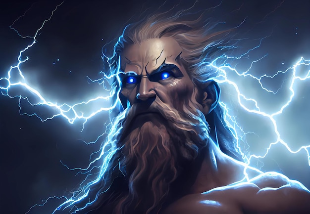 Portrait de Zeus sur fond de nuages et d'éclairs