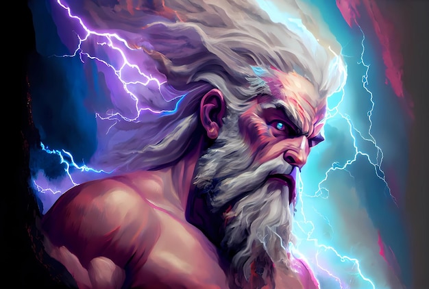 Portrait de Zeus sur fond de nuages et d'éclairs