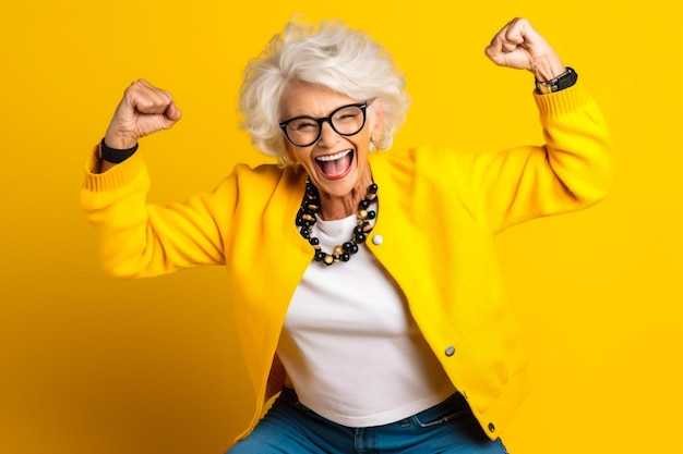 Photo des portraits drôles de grand-mère âgée s'habillant élégamment pour un événement spécial.