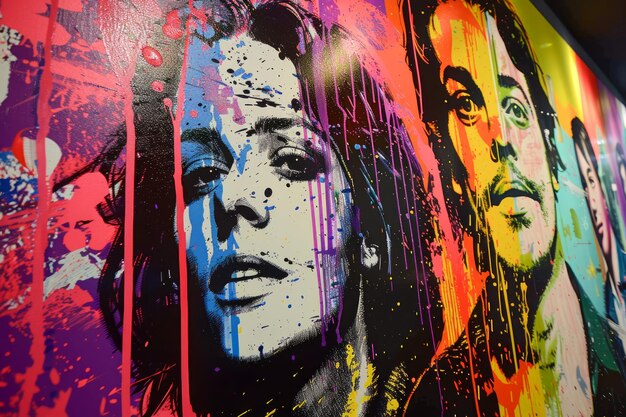 Des portraits graffitis vibrants sur un mur urbain avec des visages colorés