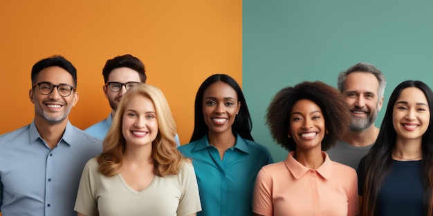 Portraits de personnes multiethniques heureuses souriant et regardant l'appareil photo sur fond couleur