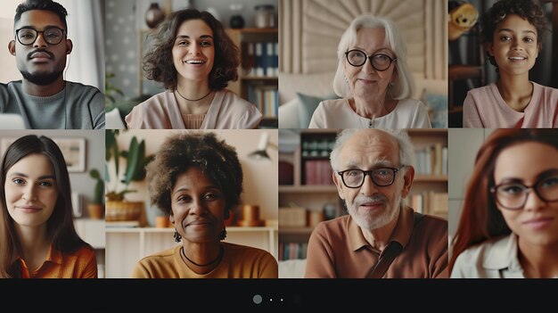Photo portraits de tête prises par webcam écran d'ordinateur portable vue de personnes diverses utilisant une vidéoconférence une ia générative
