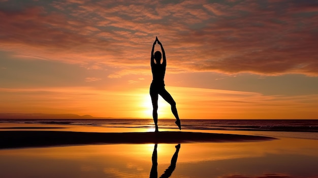 Pose d'arbre de yoga gratuite sur la plage avec le coucher du soleil