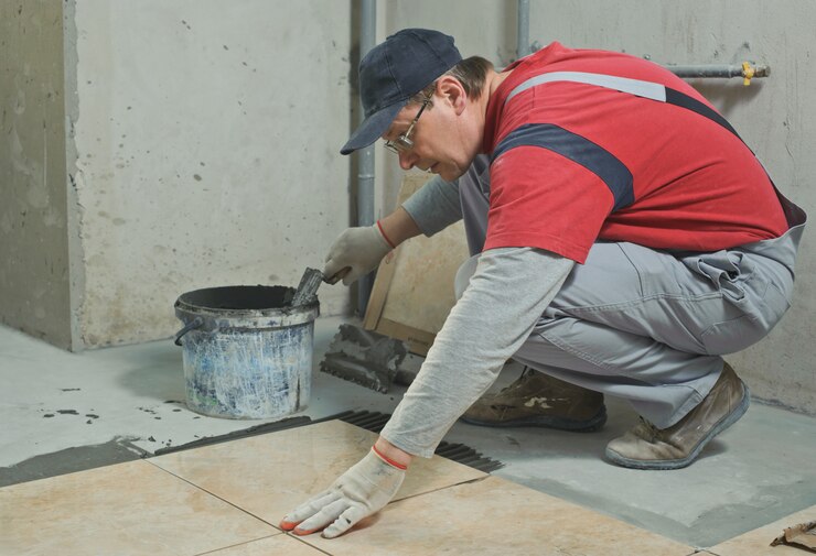 Pose de carreaux de céramique.
