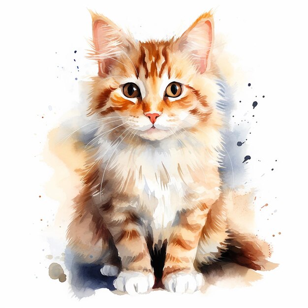 Pose de chat rêveur à l'aquarelle sur une toile blanche