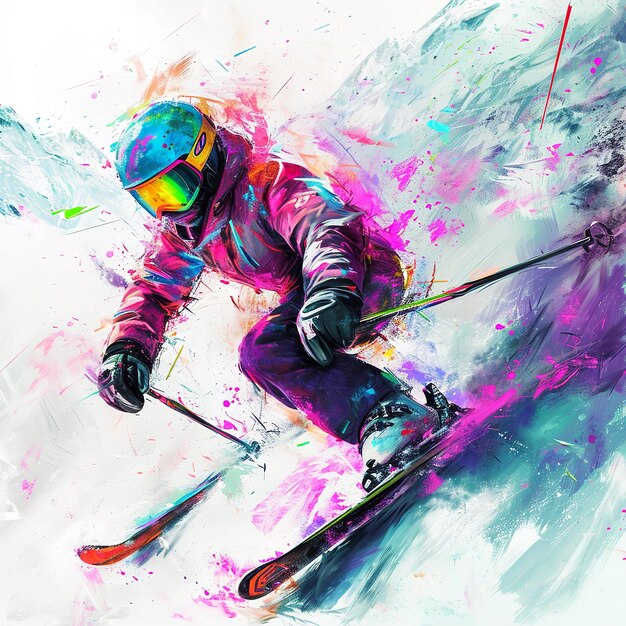 Photo une pose dynamique d'art de ski vibrant au milieu d'une toile de fond enneigée abstraite et colorée