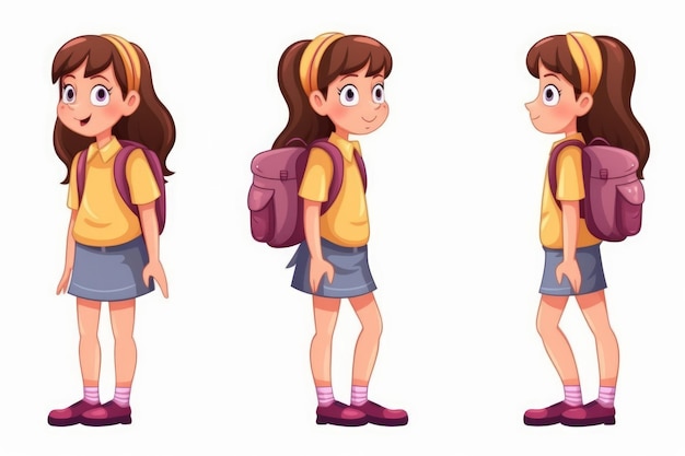 Pose d'étudiante de dessin animé avec sac d'école sur fond blanc IA générative