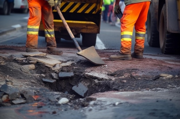 Pose d'un nouvel asphalte recouvrant la fosse sur les décombres Les travailleurs transportent des pelles et utilisent l'IA générative