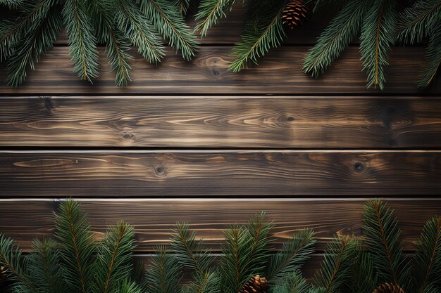 Pose plate d'espace de copie de table en bois avec branches d'arbre de Noël