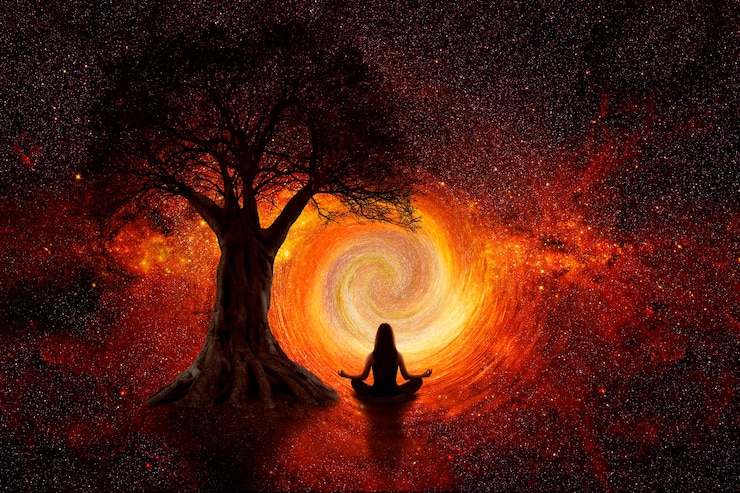 Photo pose de yoga de femme dans l'univers