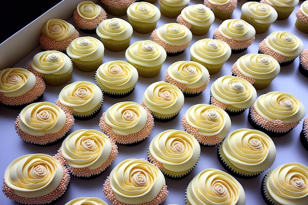 Poser à plat la tuyauterie décorative de crème au beurre sur les mini cupcakes à la vanille