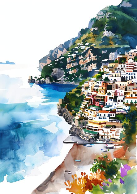 Photo positano italie modèle d'invitation de mariage à l'aquarelle paysage