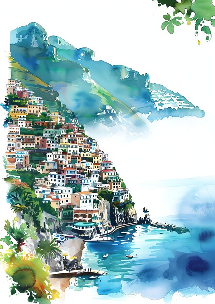 Photo positano italie modèle d'invitation de mariage à l'aquarelle paysage