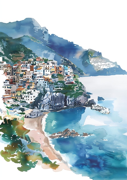 Photo positano italie modèle d'invitation de mariage à l'aquarelle paysage