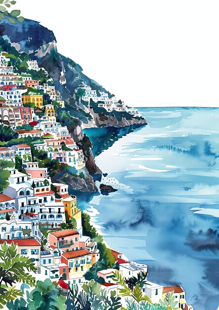 Photo positano italie modèle d'invitation de mariage à l'aquarelle paysage