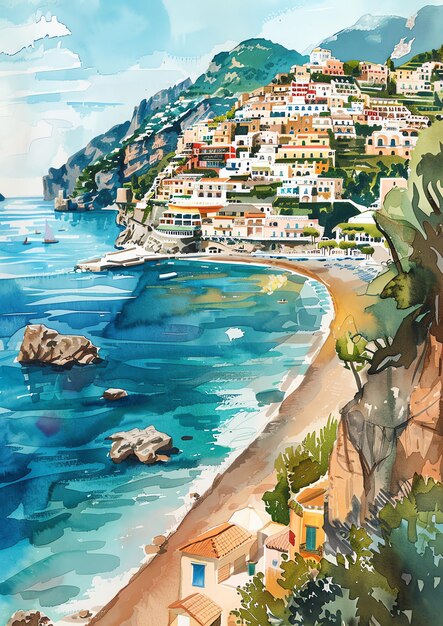 Positano Italie Spiaggia Grande paysage aquarelle modèle d'invitation de mariage