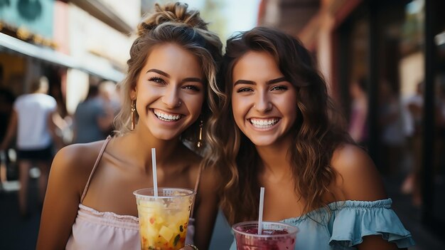 Positif Deux jeunes femmes belles et souriantes buvant un smoothie de cocktail frais