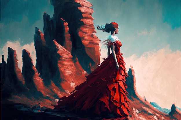 La position au rocher de la colline illustration de style d'art numérique peinture illustration fantastique d'une femme mystérieuse