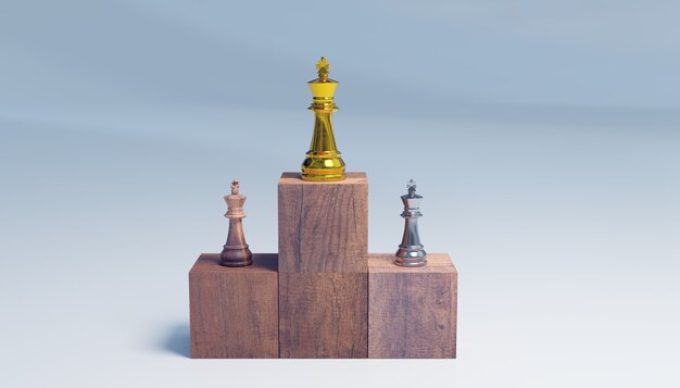 Position gagnante des échecs des rois, concept de réussite commerciale, rendu d'illustrations 3D