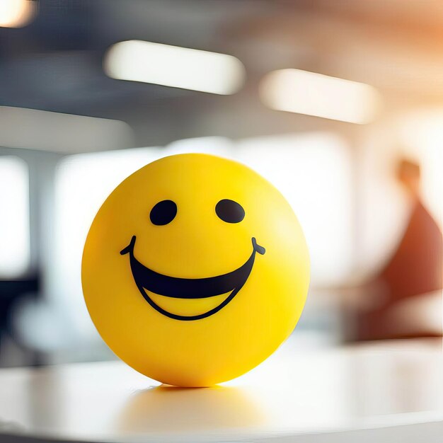 Photo positivité sur le lieu de travail avec une boule souriante souriante jaune à l'intérieur du bureau ai générative