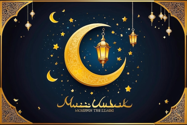 Post d'Eid Mubarak avec une vieille lanterne arabe une lune jaune croissante dans un vecteur à thème arabe