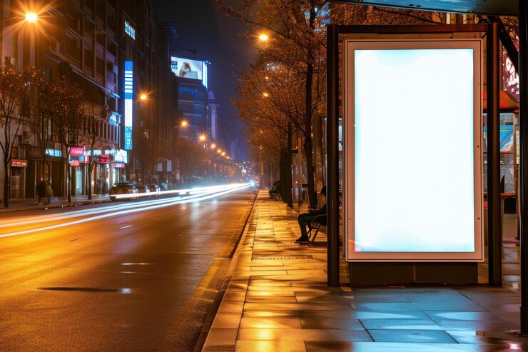 Photo poste d'affichage numérique vertical blanc sur le panneau d'arrêt de bus de la rue de la ville à nigh street