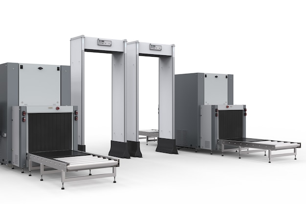 Poste de contrôle de sécurité de l'aéroport avec portes et scanner