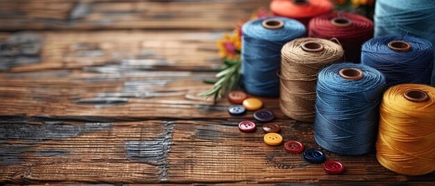 Un poste de couture en bois avec une bobine de fil un mètre centimètre boutons tissu et daimbles pour la couture et le couture