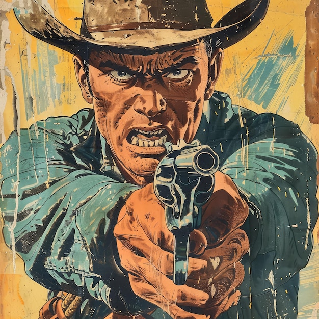 Poste de cow-boy vintage 1960 Poste de film western d'un cow-boy avec une expression d'inquiétude intense