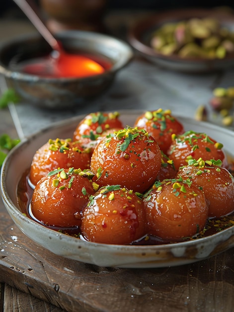 Poste du dessert Gulab Jamun avec du sirop de rose et des pistaches donc illustration nourriture boisson arômes indiens