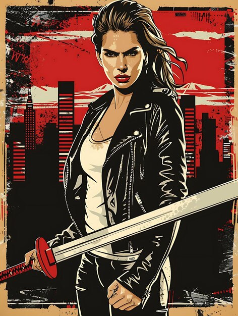 Poste d'une femme dans une veste en cuir tenant une épée Cityscape dans le B Collage Outline Banner Flyer