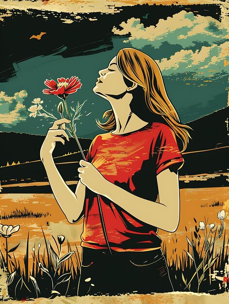 Poste d'une femme tenant une fleur avec une prairie en arrière-plan Poste de collage Banner Flyer