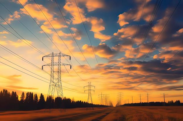 Poste haute tension tour haute tension ciel coucher de soleil image générée par la technologie AI