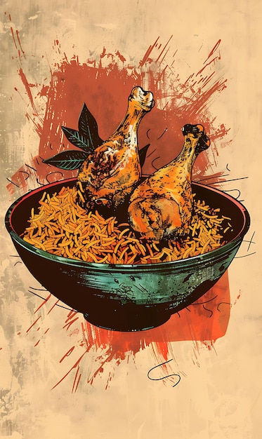 Poste de plat de poulet Biryani avec des brins de safran et une illustration de poulet Nourriture Boisson Arômes indiens