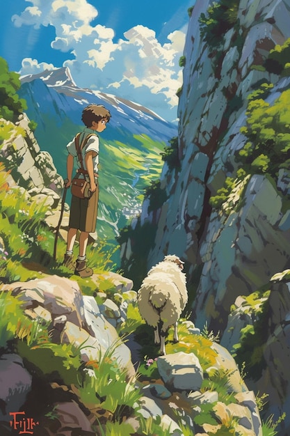 poster d'anime d'un homme debout sur une montagne avec un mouton