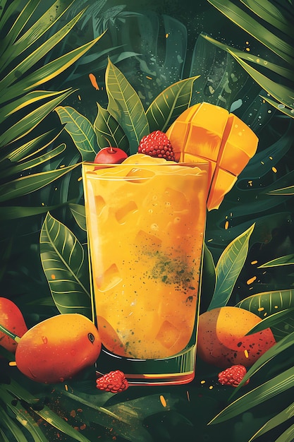 Poster de boisson à la mangue avec des mangues fraîches et de la crème Illustration tropicale Nourriture Boisson Arômes indiens